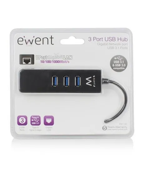 Ewent EW1140 HUB USB-A 3.0 a USB-A 3.0/RJ-45 4 Puertos 18 cm Negro