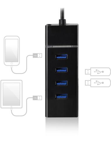 Ewent EW1137 HUB USB-C a USB-A 3.0 4 Puertos 30 cm Negro