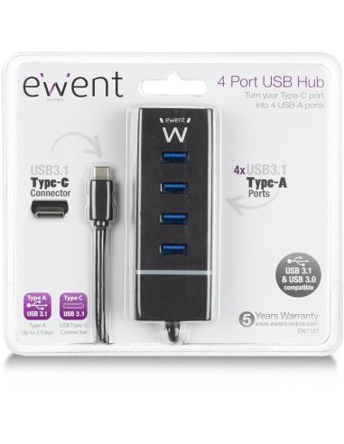 Ewent EW1137 HUB USB-C a USB-A 3.0 4 Puertos 30 cm Negro