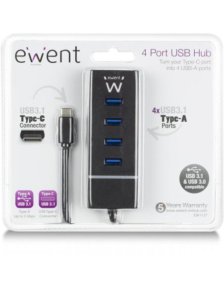 Ewent EW1137 HUB USB-C a USB-A 3.0 4 Puertos 30 cm Negro