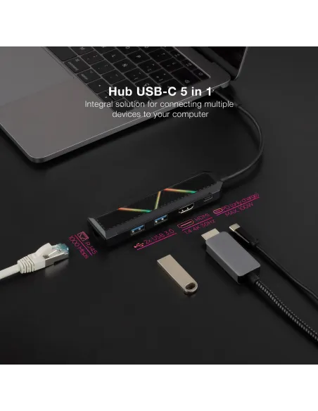 Nanocable 10.16.0501 HUB USB-C a USB-A/USB-C/HDMI/RJ-45 5 Puertos 15 cm Negro
