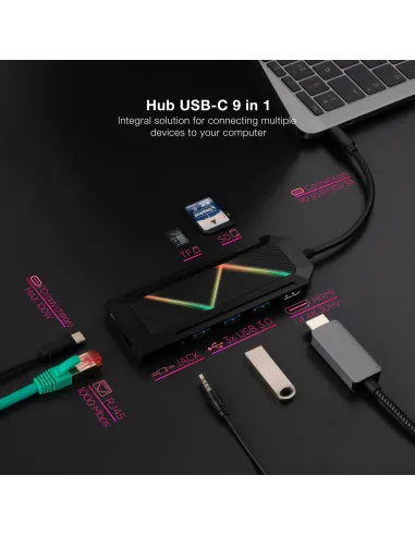 Nanocable 10.16.0901 HUB USB-C a USB-C/HDMI/RJ-45/microSD/SD/Jack 3.5mm 9 Puertos 15 cm Negro