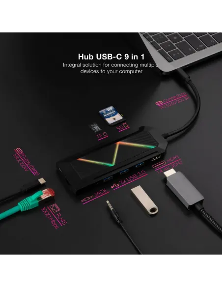 Nanocable 10.16.0901 HUB USB-C a USB-C/HDMI/RJ-45/microSD/SD/Jack 3.5mm 9 Puertos 15 cm Negro