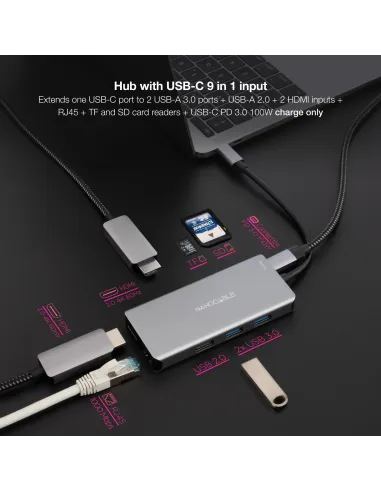 Nanocable 10.16.1009 HUB USB-C 3.0 a USB-A 2.0 y 3.0/HDMI/RJ-45/microSD/SD 9 Puertos 15 cm Gris