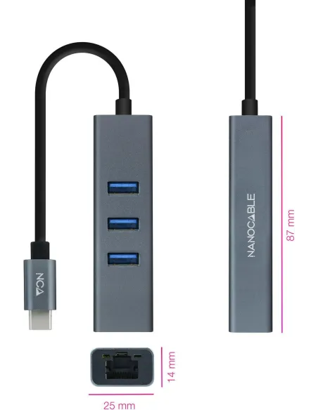 Nanocable 10.03.0408 HUB USB-C 3.0 a USB-A 3.0/RJ-45 4 Puertos 15 cm Gris