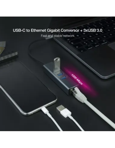 Nanocable 10.03.0408 HUB USB-C 3.0 a USB-A 3.0/RJ-45 4 Puertos 15 cm Gris