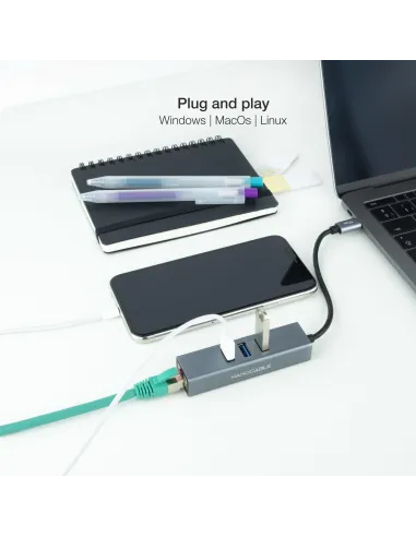 Nanocable 10.03.0408 HUB USB-C 3.0 a USB-A 3.0/RJ-45 4 Puertos 15 cm Gris