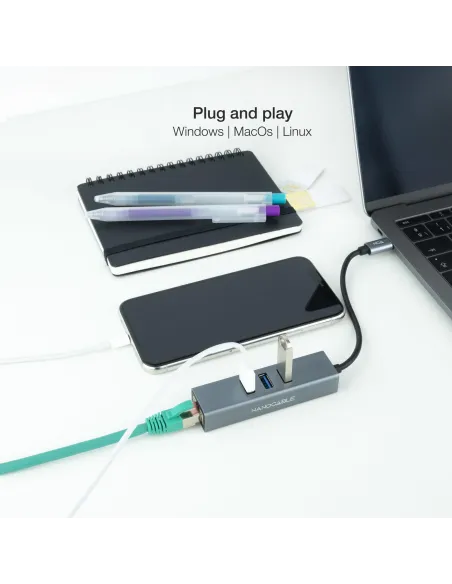 Nanocable 10.03.0408 HUB USB-C 3.0 a USB-A 3.0/RJ-45 4 Puertos 15 cm Gris