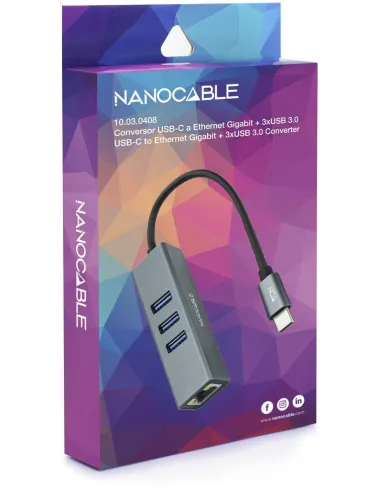 Nanocable 10.03.0408 HUB USB-C 3.0 a USB-A 3.0/RJ-45 4 Puertos 15 cm Gris