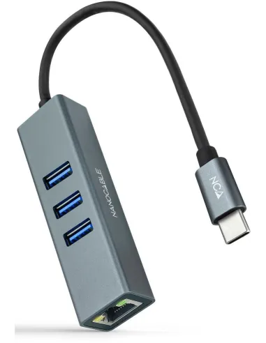 Nanocable 10.03.0408 HUB USB-C 3.0 a USB-A 3.0/RJ-45 4 Puertos 15 cm Gris