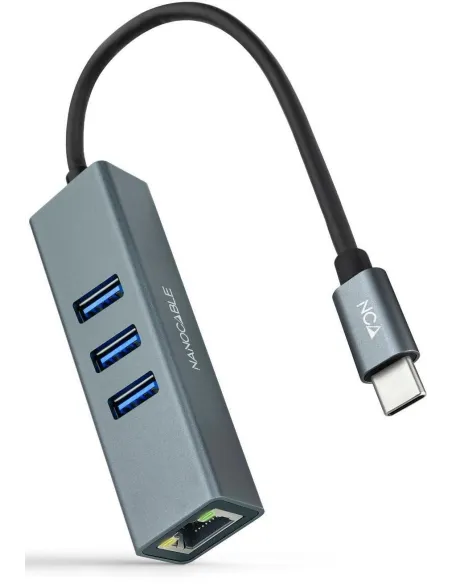 Nanocable 10.03.0408 HUB USB-C 3.0 a USB-A 3.0/RJ-45 4 Puertos 15 cm Gris
