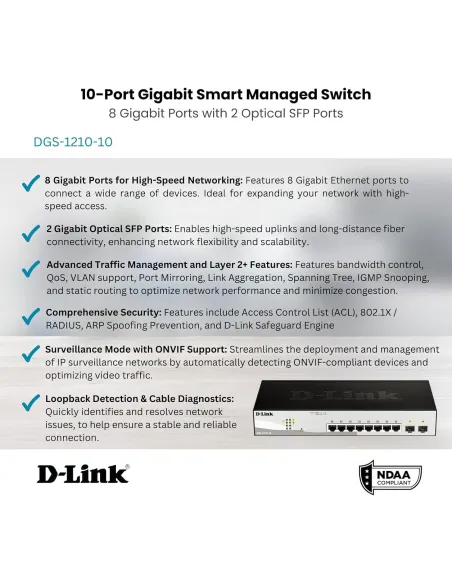 D-Link DGS-1210-10/E Smart+ Switch Gestionado 8 Puertos Ethernet + 2 Puertos SFP