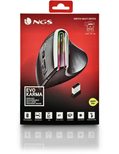 NGS Evo Karma Ratón Vertical Ergonómico Inalámbrico LED Multimodo 3200 DPI