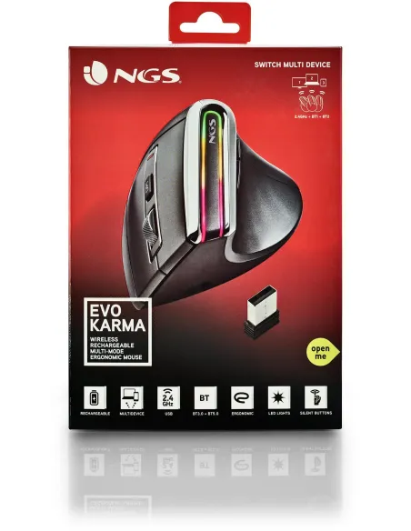 NGS Evo Karma Ratón Vertical Ergonómico Inalámbrico LED Multimodo 3200 DPI