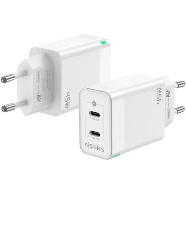 Aisens ASCH-45W2P005-W Cargador GaN de Pared 2xUSB Tipo-C 45W Blanco