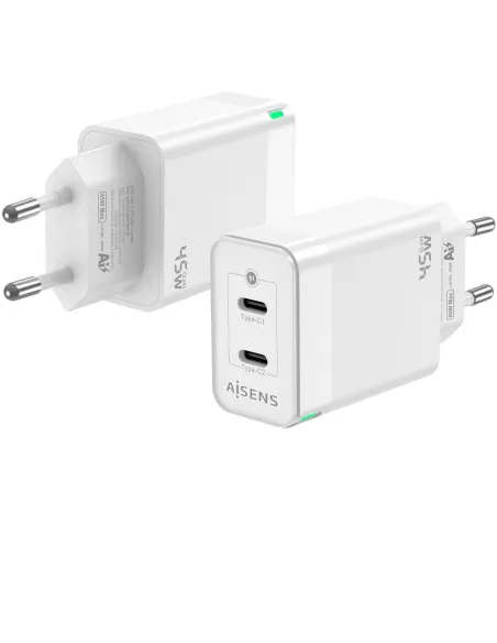 Aisens ASCH-45W2P005-W Cargador GaN de Pared 2xUSB Tipo-C 45W Blanco