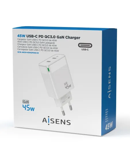 Aisens ASCH-45W2P005-W Cargador GaN de Pared 2xUSB Tipo-C 45W Blanco