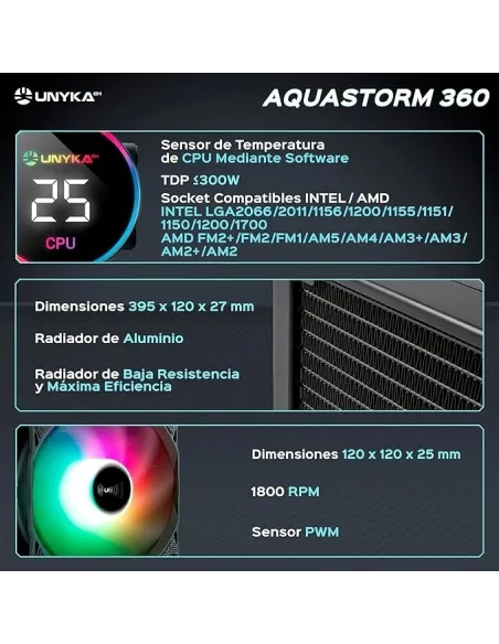 Unyka Aquastorm 360 ARGB Kit de Refrigeración Líquida 360mm Negro