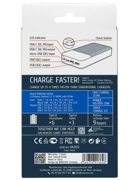 Rivacase VA2103 Powerbank 30000mAh 22,5W Negra
