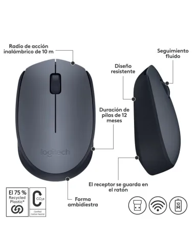 Logitech M170 RF Ratón Óptico Inalámbrico 1000DPI