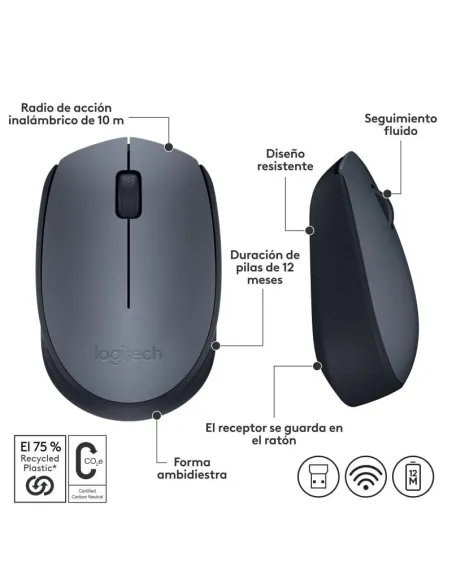 Logitech M170 RF Ratón Óptico Inalámbrico 1000DPI