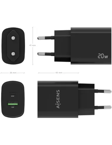 Aisens A110-0755 Cargador USB-A/USB-C 20W Negro
