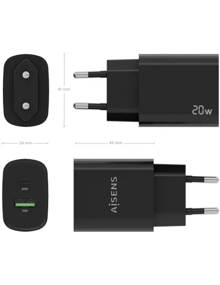 Aisens A110-0755 Cargador USB-A/USB-C 20W Negro