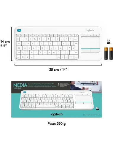 Logitech K400 Plus Teclado Inalámbrico con TouchPad Blanco
