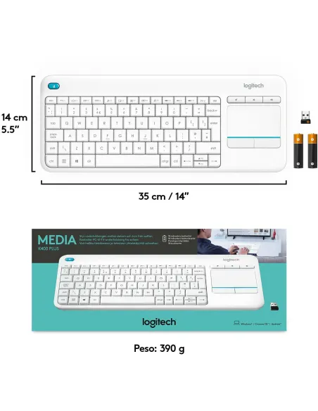 Logitech K400 Plus Teclado Inalámbrico con TouchPad Blanco