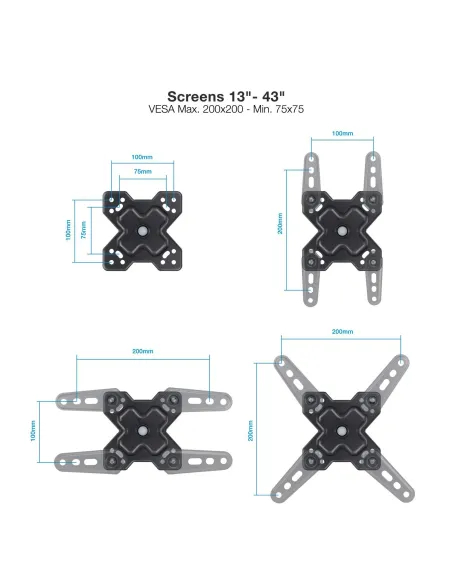 TooQ LP1344TN-B Soporte para Pared Inclinable y Giratorio 13"-43" Máx. 20Kg Negro