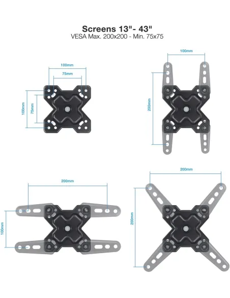TooQ LP1345TN-B Soporte para Pared Inclinable y Giratorio 13"-43" Máx. 20Kg Negro