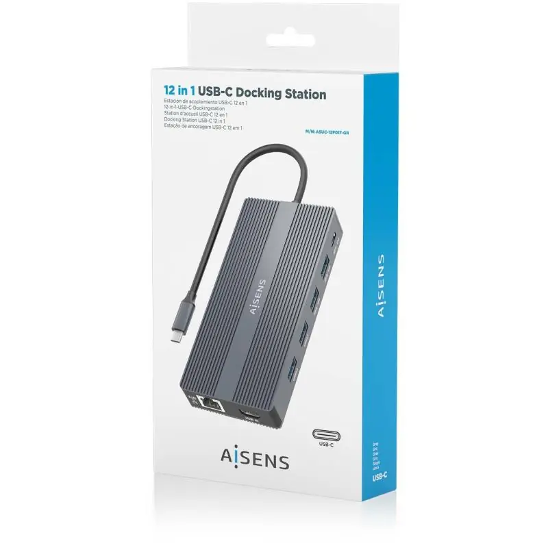 Aisens ASUC-12P017-GR Docking Station 12 En 1 USB-C a 2xHDMI/1xDisplayport/1xRJ45/4xUSB-A/1xUSB-C/1xUSB-C/1xSD/1xMicro SD Gris