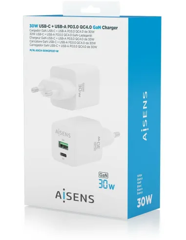 Aisens ASCH-30W2P037-W Cargador USB-A/USB-C 33W Carga Rápida Blanca