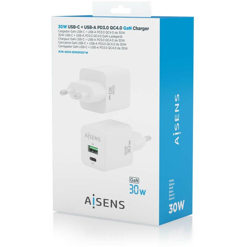 Aisens ASCH-30W2P037-W Cargador USB-A/USB-C 33W Carga Rápida Blanca