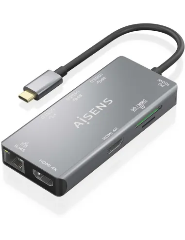Aisens ASUC-9P018-GR Dock 9 en 1 USB-C a 2xHDMI/RJ45/3xUSB-A/USB-C/SD/MicroSD 15cm Gris