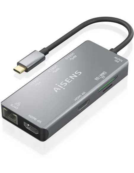 Aisens ASUC-9P018-GR Dock 9 en 1 USB-C a 2xHDMI/RJ45/3xUSB-A/USB-C/SD/MicroSD 15cm Gris