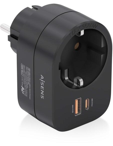 Aisens ASPS-1A1C07-BK  Cargador 1 x Toma de Corriente/USB-A/USB-C Negro