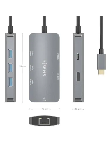 Aisens ASUC-6P019-GR Dock 6 EN 1 USB-C a HDMI/RJ45/3xUSB-A/USB-C 15cm Gris