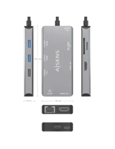 Aisens ASUC-9P018-GR Dock 9 en 1 USB-C a 2xHDMI/RJ45/3xUSB-A/USB-C/SD/MicroSD 15cm Gris