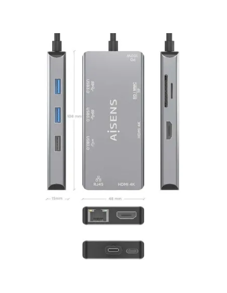 Aisens ASUC-9P018-GR Dock 9 en 1 USB-C a 2xHDMI/RJ45/3xUSB-A/USB-C/SD/MicroSD 15cm Gris