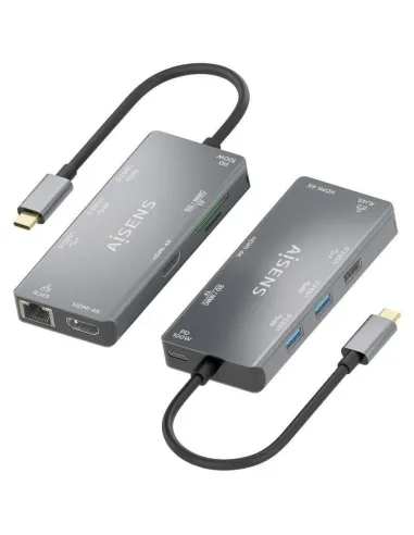 Aisens ASUC-9P018-GR Dock 9 en 1 USB-C a 2xHDMI/RJ45/3xUSB-A/USB-C/SD/MicroSD 15cm Gris