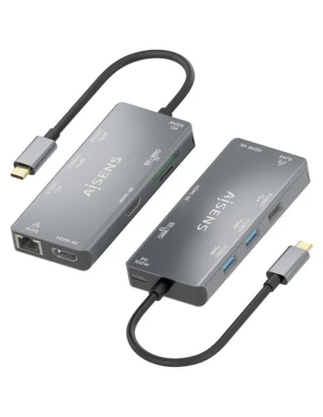Aisens ASUC-9P018-GR Dock 9 en 1 USB-C a 2xHDMI/RJ45/3xUSB-A/USB-C/SD/MicroSD 15cm Gris