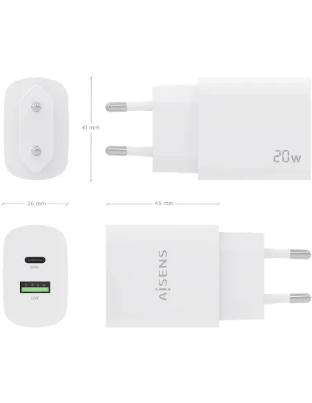 Aisens A110-0754 Cargador USB-A/USB-C 20 W Carga Rápida Blanco