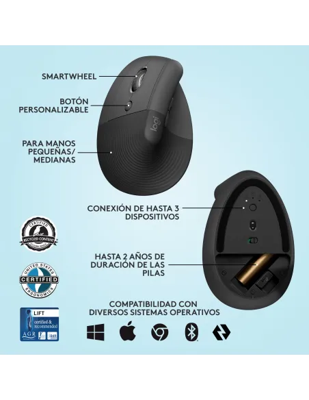 Logitech Lift Ratón Inalámbrico Vertical para Zurdos 4000 DPI Negro/Gris