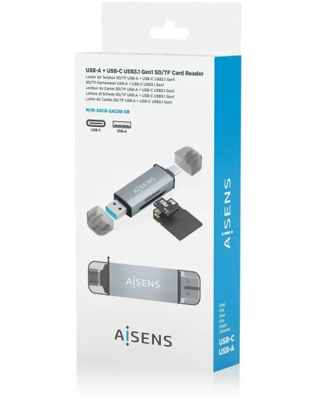 Aisens ASCR-2AC08-GR Lector de Tarjetas Tipo-C 3 en 1