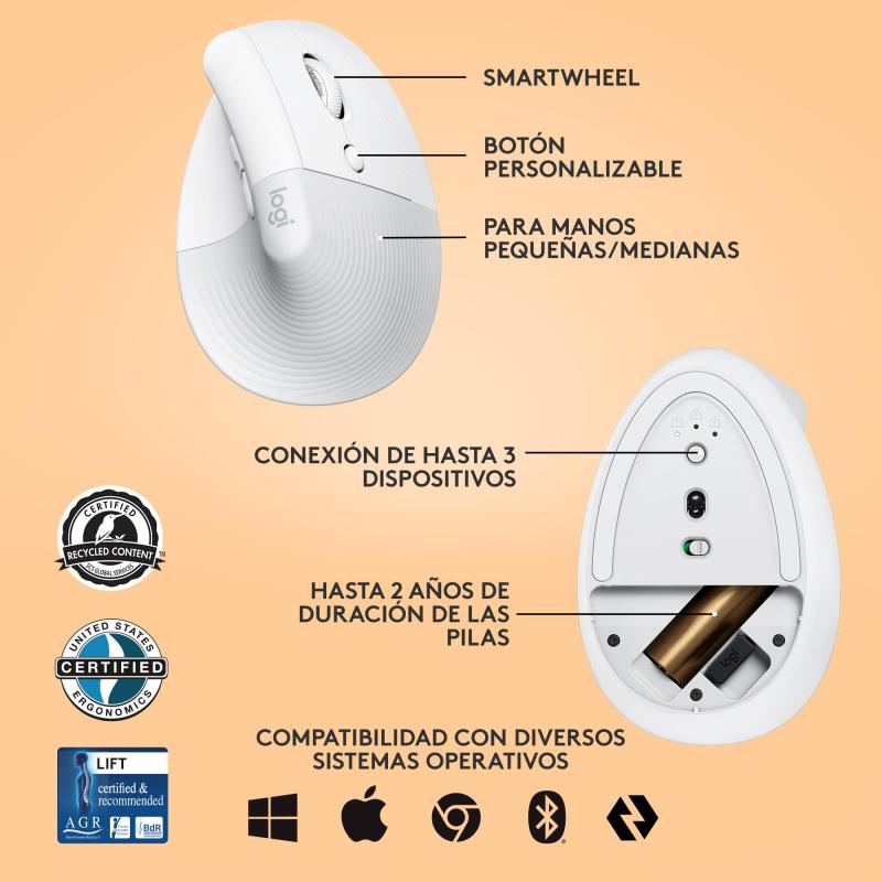 Logitech Lift Ratón Inalámbrico 4000 DPI Blanco