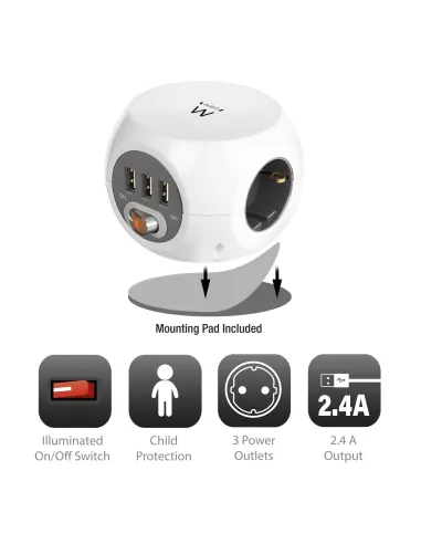 Ewent Toma de Corriente Cúbica con 3 Salidas, 3 Entradas y 3 Puertos USB 1.5m