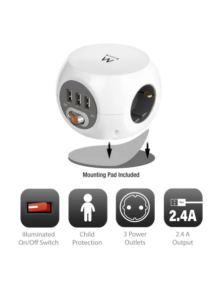 Ewent Toma de Corriente Cúbica con 3 Salidas, 3 Entradas y 3 Puertos USB 1.5m