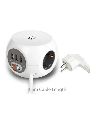 Ewent Toma de Corriente Cúbica con 3 Salidas, 3 Entradas y 3 Puertos USB 1.5m