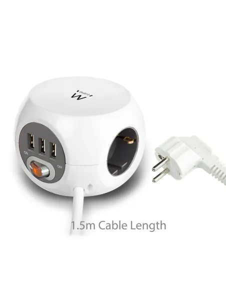 Ewent Toma de Corriente Cúbica con 3 Salidas, 3 Entradas y 3 Puertos USB 1.5m